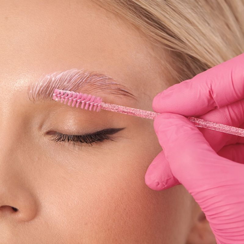 Brow lamination product being applied to a client's brows with a spoolie brush