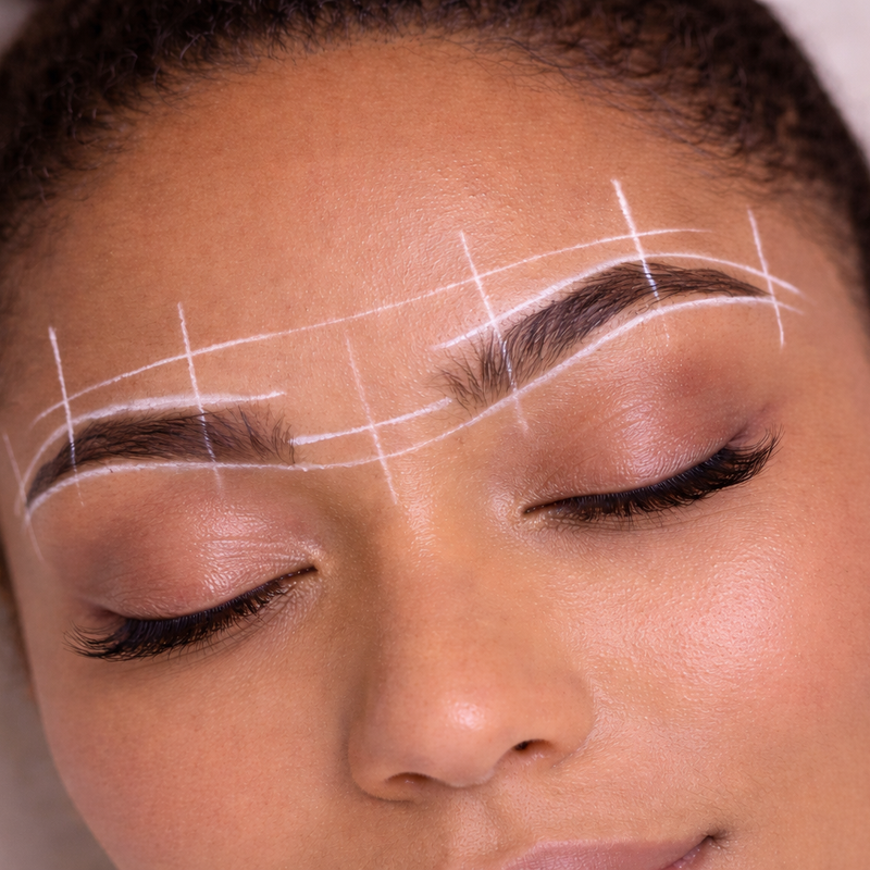 Image of a woman with brow mapping chalk marks to choose the best eyebrow shape