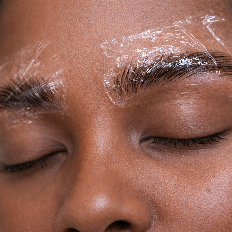 Client with plastic saran wrap to process brow lamination service
