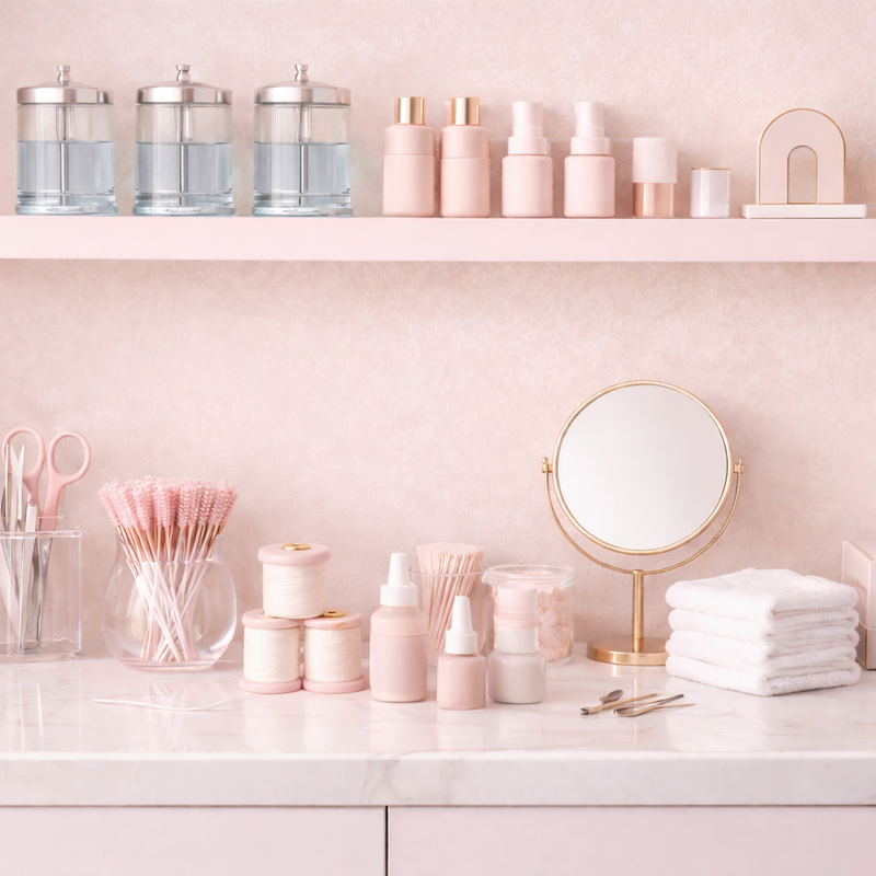 The back bar of a beauty studio with brow and lash products and supplies.
