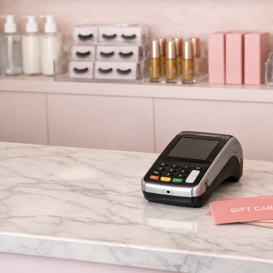 An image of the checkout of a lash salon, selling retail lash extension aftercare products.