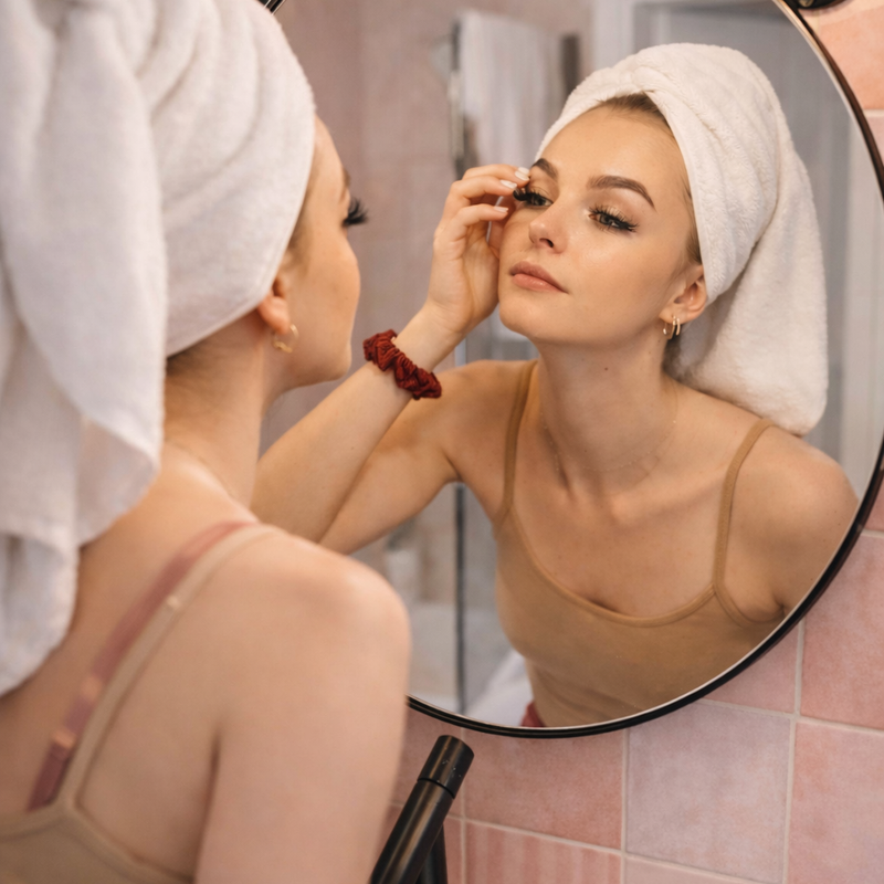 An image of a woman looking at her lash extensions in the mirror, following lash extension aftercare tips.
