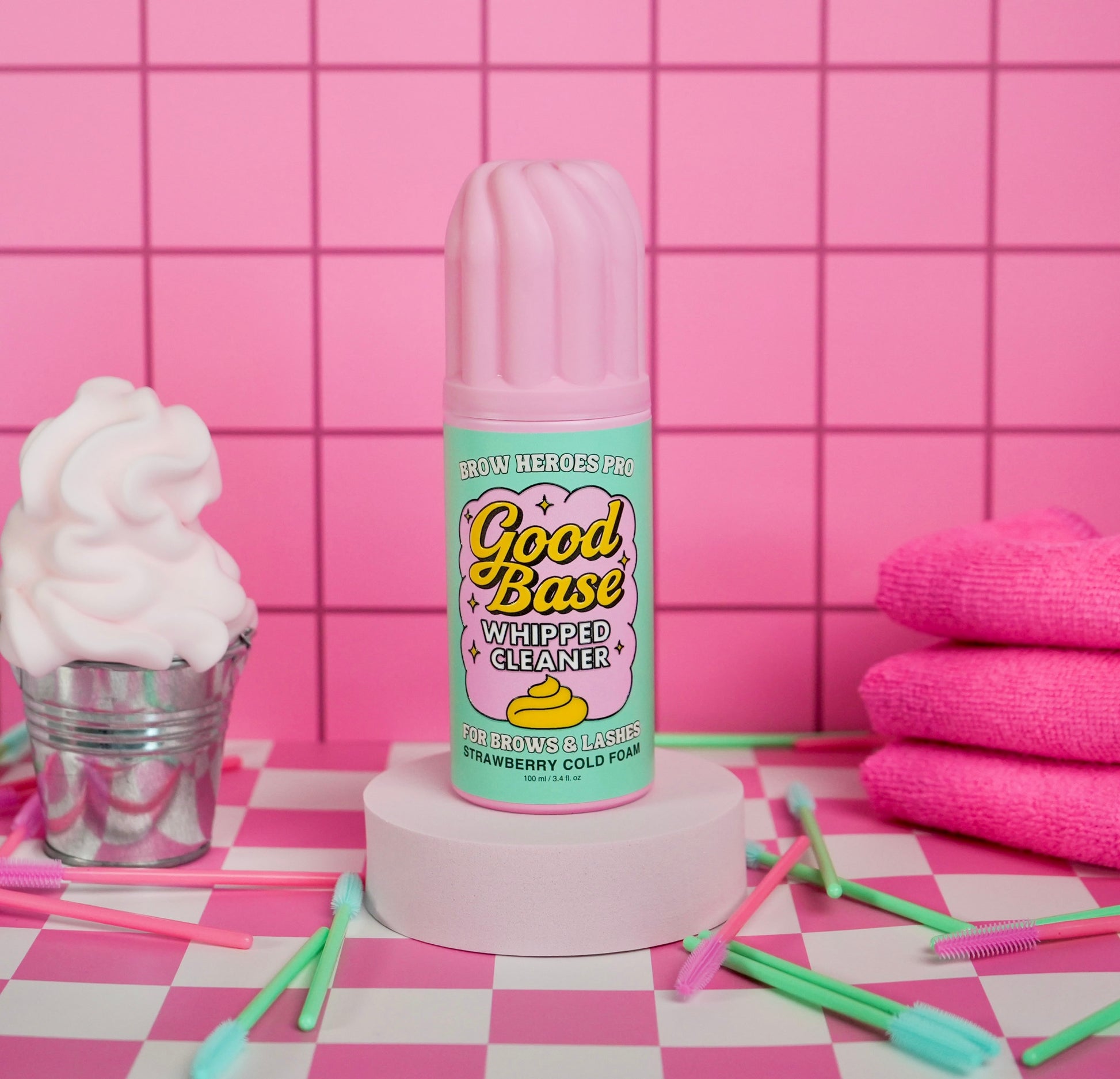 Good Base whipped lash cleanser and brow lamination cleanser by Brow Heroes, strawberry cold foam formula