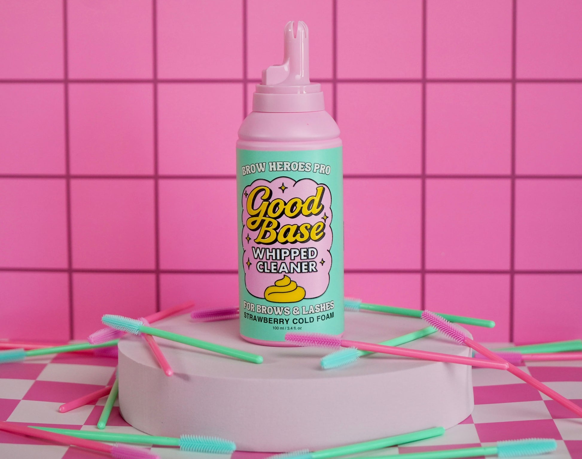 Good Base whipped lash cleanser and brow lamination cleanser by Brow Heroes, strawberry cold foam formula